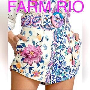 FARM RIO Romantic Bandanas Belted shorts light ivory L